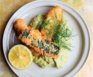 Make Nigel Slater's deep-fried courgettes and dill hummus; photography by Jonathan Lovekin