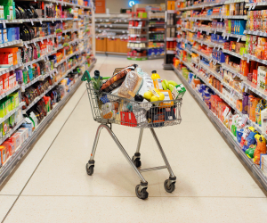 Supermarket shopping: a trolley full of food