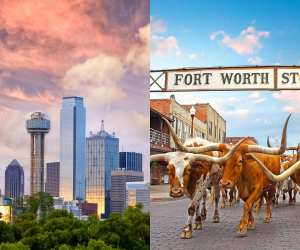 The Dallas skyline, and Stockyards in Fort Worth