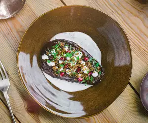 Foley's recipe for date and pomegranate-glazed aubergine