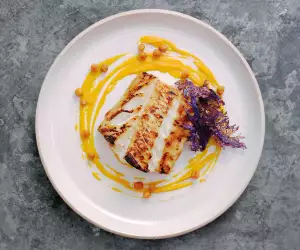 Michel Roux Jr's miso-glazed Skrei, carrot and ginger purée and crispy kale