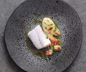 Michel Roux Jr's poached Skrei, cauliflower purée and pickled radishes