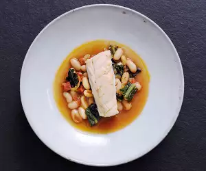 Stewed Skrei with cannellini beans and chorizo