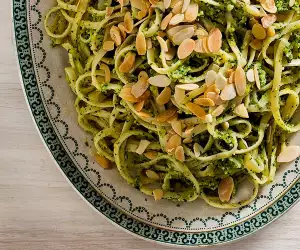 A recipe for almond and courgette pesto linguine from The Silver Spoon's Naples and the Amalfi Coast; photography Simon Bajada