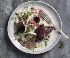 Make Rosie Birkett's blackberry cured cod, fennel and candy beet remoulade; photograph: Jason Bailey