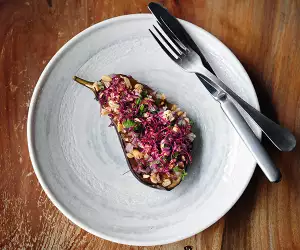 Flavour Bastard's miso and mango glazed aubergine and peanut-buckwheat crumble