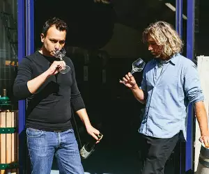Warwick Smith and Josh Hammond try their Renegade London Wine Sauvignon Blanc blend