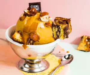 Peanut Butter Ring Ding with Burnt Butter Caramel, Chin Chin Ice Cream; Photograph by Justine Trickett