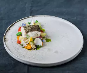 Simon Hulstone's Norwegian cod with clams; photograph by Matt Austin