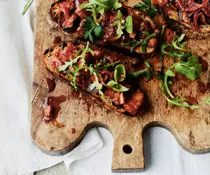Jessica Elliott Dennison’s sticky tomato and olive aubergine caponatas; photograph by Matt Russell