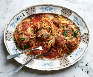 Caroline Eden's Italian street polpette pasta; photograph by Ola O. Smit