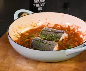 José Pizarro's herb-crusted Norwegian haddock with spicy tomato sauce
