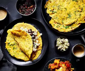 Spiced crêpes with coconut chutney and sweet onion chutney; photography by Kris Kirkham.