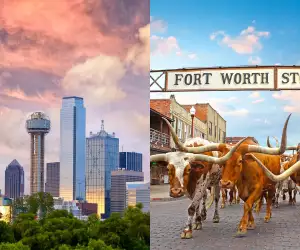 The Dallas skyline, and Stockyards in Fort Worth