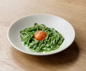 Wild garlic chitarra with egg yolk, wild garlic oil at Manteca